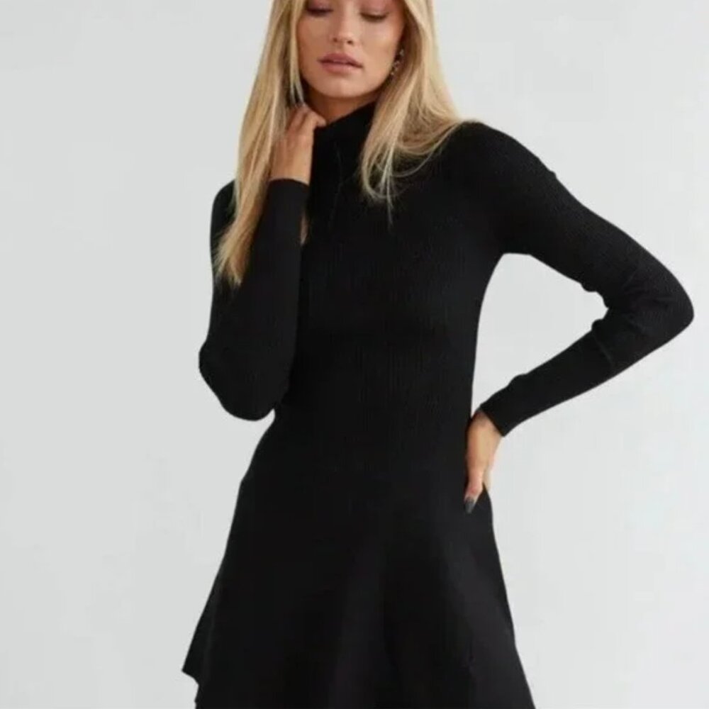 Reformation Women's Black Turtleneck Ribbed Long Sleeve Mini Dress Size XS
